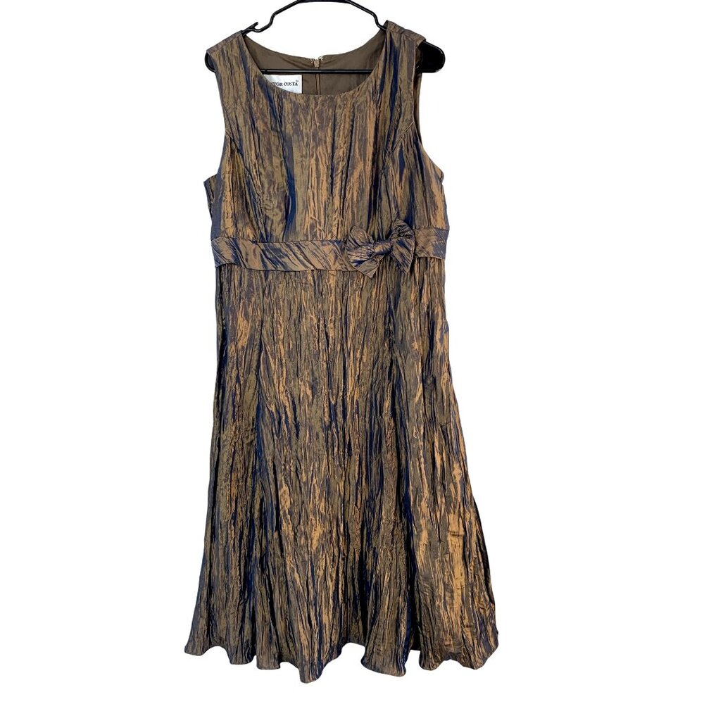 Victor Costa Vintage Metallic Gold Blue Evening Cocktail Dress 14 NWOT Crinkle